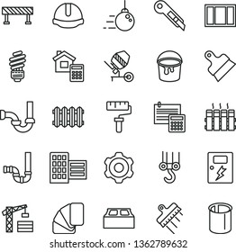 thin line vector icon set - paint roller vector, tower crane, winch hook, big core, cogwheel, concrete mixer, window frame, bucket, sample of colour, siphon, sewerage, saving light bulb, city block