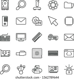 thin line vector icon set - keyboard vector, screen, processor, fan, pc tower, cpu, memory, card, hdd, usb, printer, folder, coding, lan connector, projector, magnifier, joystick, mail, settings