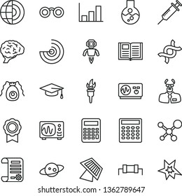 thin line vector icon set - book vector, research article, flask, molecule, glasses, dna, brain, bactery, oscilloscope, scientist, graduate hat, calculator, growth graph, radar, earth core, medal