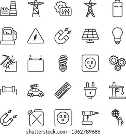 thin line vector icon set - cordless drill vector, saving light bulb, power socket type b, charge level, solar panel, coal mining, gas station, accumulator, line, pole, plug, thermal plant, canister