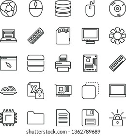 thin line vector icon set - floppy disk vector, laptop, monitor, copy, onion, smd, notebook pc, fan, encrypting, mouse, motherboard, memory, card, cd, printer, network, browser, folder, sd, big data