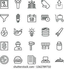 thin line vector icon set - remove label vector, powder, workman, hand saw, calendar, kiosk, move up, burger, chili, energy saving bulb, calipers, filter, column of coins, scheme, financial item
