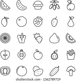 thin line vector icon set - cake vector, cabbage, cucumber, peper, French fries, strawberries, pear, orange slice, peach, grape, tasty apple, fig, half of medlar, mulberry, water melon, mango, guawa