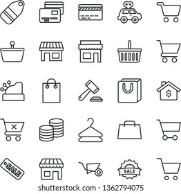 thin line vector icon set - grocery basket vector, bank card, hammer of a judge, motor vehicle present, building trolley, cart, crossed, bag with handles, cards, coins, hanger, label, kiosk, stall