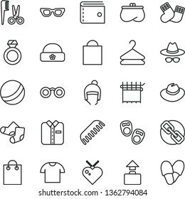 thin line vector icon set - paper bag vector, purse, spectacles, hat, with glasses, bath ball, accessories for a hairstyle, comb, warm socks, Knitted, shoes little children, winter, T shirt, folded