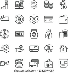 thin line vector icon set - dollar vector, cards, coins, reverse side of a bank card, front the, column, denomination, catch coin, wallet, money, dollars, cash machine, cashbox, bag hand, rain, gear