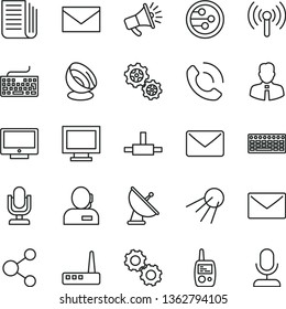 thin line vector icon set - desktop microphone vector, monitor window, envelope, keyboard, toy mobile phone, employee, screen, call, artificial satellite, gears, connection, horn, dispatcher, router