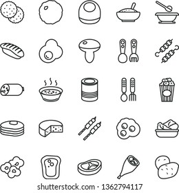 thin line vector icon set - baby bib vector, plates and spoons, plastic fork, iron, sausage, cheese, tin, mushroom, a bowl of rice porridge, in saucepan, lettuce plate, grill chicken leg, bacon, cup