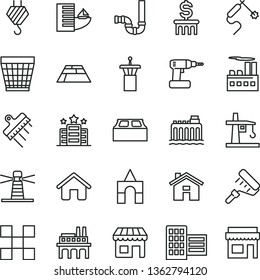 thin line vector icon set - house vector, wicker pot, box of bricks, hook, cordless drill, paint roller, siphon, city block, tile, building, spatula, paving slab, hydroelectricity, industrial, kiosk