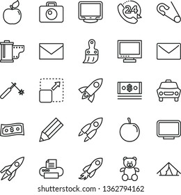 thin line vector icon set - monitor vector, envelope, camera roll, open pin, teddy bear, plastic brush, car, 24, expand picture, apricot, tasty plum, welding, space rocket, pencil, cash, printer