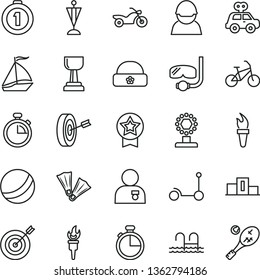 thin line vector icon set - stopwatch vector, bath ball, motor vehicle present, Kick scooter, warm hat, timer, racer, flame torch, pedestal, cup, gold, man with medal, pennant, target, purpose, star