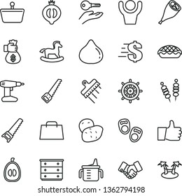 thin line vector icon set - dollar vector, chest of drawers, measuring cup for feeding, small rocking horse, shoes little children, drill, hand saw, arm, spatula, thumb up, apple pie, fig, loquat