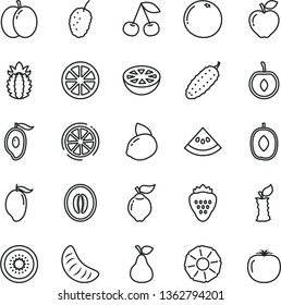 thin line vector icon set - cucumber vector, strawberry, pear, cherry, apple, quince, red, tasty mulberry, mango, half of, delicious plum, melon, slice tangerine, yellow lemon, juicy, kiwi, water