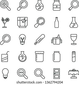 thin line vector icon set - magnifier vector, zoom, out, measuring cup for feeding, mercury thermometer, e, bulb, interroom door, a glass of tea, cocktail, jam, jar, round flask, bottle, test tube
