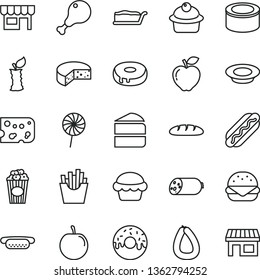thin line vector icon set - kiosk vector, sausage, stick of, piece cheese, loaf, canned goods, Hot Dog, mini, big burger, cake, muffin, slice, with a hole, glazed, plate milk, chicken leg, lollipop