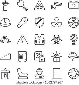thin line vector icon set - warning vector, prohibition, Baby chair, safety pin, bag of a paramedic, workman, ntrance door, construction helmet, key, radiation hazard, autopilot, encrypting, nuclear