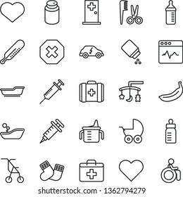 thin line vector icon set - heart symbol vector, mark of injury, first aid kit, toys over the cradle, measuring cup for feeding, bottle, powder, baby, stroller, sitting, mercury thermometer, bath