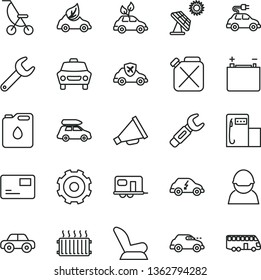 thin line vector icon set - truck lorry vector, horn, car child seat, summer stroller, motor vehicle, pass card, big solar panel, modern gas station, accumulator, racer, canister, of oil, eco, retro