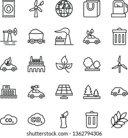thin line vector icon set - bin vector, bag with handles, apple stub, solar panel, working oil derrick, leaves, gas station, windmill, wind energy, factory, hydroelectric, trees, forest, industrial