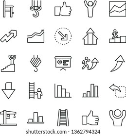 thin line vector icon set - downward direction vector, growth up, line chart, positive histogram, a chair for feeding, crane, hook, winch, stepladder, thumb, move left, right bottom arrow, bar, man