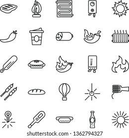 thin line vector icon set - electronic thermometer vector e, mercury, heating coil, boiler, sausage, loaf, mini hot dog, noodles, pie, chop, barbecue, chili, coffe to go, bottle of soda, red pepper