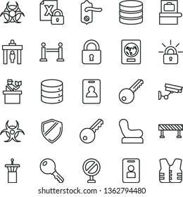 thin line vector icon set - prohibition vector, Baby chair, key, door knob, road fence, lock, big data, encrypting, biohazard, airport tower, rope barrier, identity card, security gate, passport