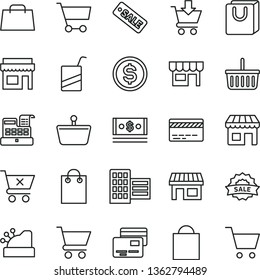 thin line vector icon set - paper bag vector, grocery basket, bank card, e, city block, cart, put in, crossed, with handles, cards, kiosk, stall, shopping, dollar, cash, hand, machine, cashbox