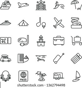 thin line vector icon set - suitcase vector, passport, sand castle, plane, car baggage, camper, ticket, rolling case, hotel, tent, beach, arnchair under umbrella, palm tree, hawaii wreath, aquapark