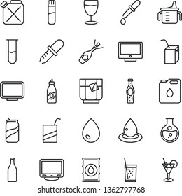 thin line vector icon set - measuring cup for feeding vector, e, packing of juice with a straw, drop, screen, glass soda, tea, can, bottle, liquor, round flask, oil, canister, monitor, test tube