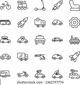 thin line vector icon set - truck lorry vector, Baby chair, motor vehicle, toy train, tricycle, child Kick scooter, car, delivery, eco, electric, transport, retro, autopilot, rocket, space, Express