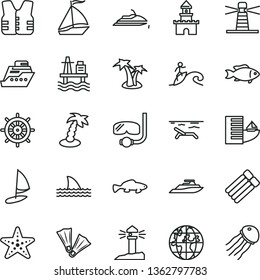 thin line vector icon set - small fish vector, sea port, lighthouse, coastal, planet, sand castle, sail boat, hotel, beach, palm tree, starfish, flippers, diving mask, surfing, handwheel, life vest
