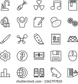 thin line vector icon set - tassel vector, silent mode, remove label, bar chart, book, question, gears, knife, pavement, kitchen faucet, notes, potato, article on the dollar, cash, mouse, pc speaker