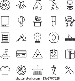 thin line vector icon set - danger of electricity vector, grocery basket, download archive data, new abacus, sitting stroller, T shirt, folded, half peach, reverse side a bank card, crisis, chair