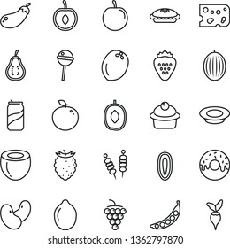 thin line vector icon set - piece of cheese vector, fried vegetables on sticks, muffin, glazed cake with a hole, pie, plate milk, Chupa Chups, soda can, strawberry, large grape, tasty raspberry