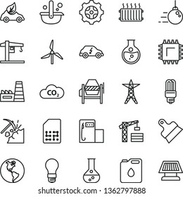 thin line vector icon set - crane vector, tower, big core, concrete mixer, putty knife, coal mining, modern gas station, round flask, windmill, planet Earth, light bulb, power line, thermal plant