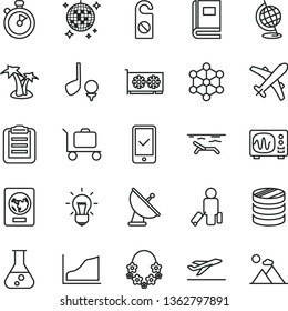 thin line vector icon set - column of coins vector, gpu card, flask, bulb, book, globe, oscilloscope, clipboard, growth graph, satellite antenna, stopwatch, 3d cube, passenger, passport, plane, golf