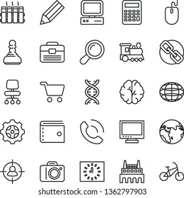 thin line vector icon set - monitor vector, camera, purse, spectacles, portfolio, radiator, phone call, industrial factory, gear, shopping cart, man in sight, globe, pencil, black clock, computer