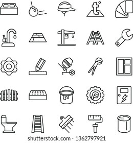 thin line vector icon set - paint roller vector, repair key, crane, cogwheel, concrete mixer, window, adjustable wrench, bucket, sample of colour, stepladder, ladder, comfortable toilet, drawing