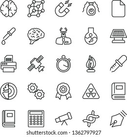 thin line vector icon set - printer vector, file, flask, telescope, nuclear, dna, brain, gears, satellite, bactery, book, pipette, magnet, flame, scientist, calculator, earth core, medal, sun panel