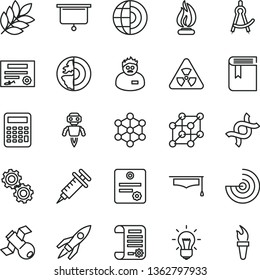 thin line vector icon set - book vector, research article, nuclear, dna, bulb, gears, satellite, flame, scientist, graduate hat, calculator, drawing compass, radar, earth core, robot, rocket, torch
