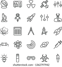 thin line vector icon set - test tube vector, microscope, atom, glasses, nuclear, bulb, settings, satellite, biohazard, oscilloscope, scientist, calculator, drawing compass, radar, robot, antenna