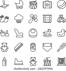 thin line vector icon set - chest of drawers vector, measuring bottle for feeding, diaper, baby bib, rattle, car child seat, stroller, electronic thermometer e, duckling, bath ball, comb, cloud