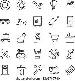 thin line vector icon set - plane vector, train, bus, air balloon, backpacker, escalator, security gate, passort control, phone registration, rolling case, sun, uv cream, palm tree, medical room