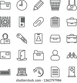 thin line vector icon set - laptop vector, clip, wicker pot, folder bookmark, suitcase, stationery knife, wall clock, pass card, drawer, operator, man, pencil, conversation, radiator fan, keyboard