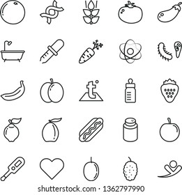 thin line vector icon set - feeding bottle vector, powder, electronic thermometer e, bath, temperature, heart, Hot Dog, tomato, strawberry, mint, apple, quince, mulberry, loquat, tasty plum, banana