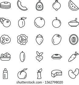 thin line vector icon set - feeding bottle vector, cheese, pie, a bowl of rice porridge, lettuce in plate, carrot, omelette, blueberries, orange slice, pancakes, ripe peach, squash, raspberry, melon