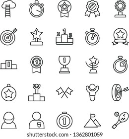 thin line vector icon set - stopwatch vector, pedestal, racer, winner, podium, award, cup, star, reward, man with medal, mountain flag, target, purpose, first place, pennant, ribbon, cross flags
