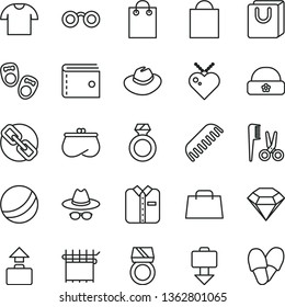 thin line vector icon set - paper bag vector, purse, spectacles, hat, with glasses, bath ball, accessories for a hairstyle, comb, shoes little children, warm, handles, T shirt, folded, hand, diamond