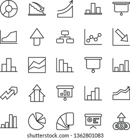 thin line vector icon set - upward direction vector, growth up, bar chart, line, graph, negative, histogram, positive, sample of colour, flowchart, recession, ring diagram, pie charts, presentation