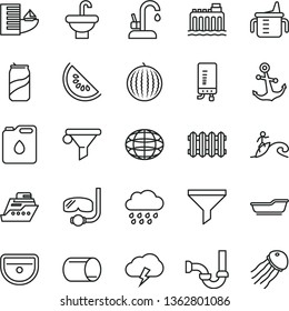 thin line vector icon set - measuring cup for feeding vector, bath, rainy cloud, washbasin, sink, sewerage, new radiator, kitchen faucet, electronic boiler, anchor, storm, soda can, water melon